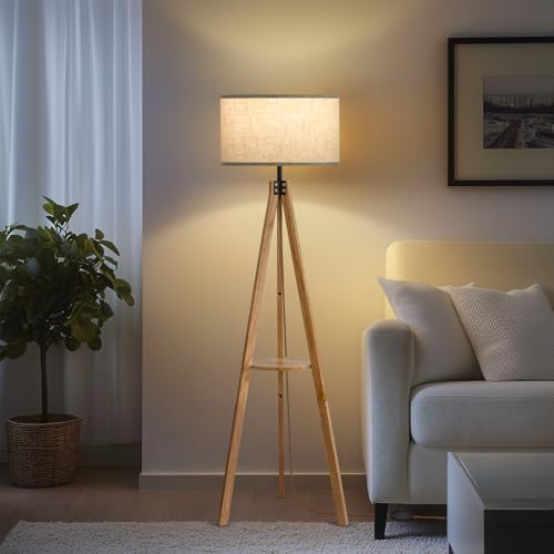 EOEYYOYB Floor Lamps for Living Room, Modern Standing Lamp with Shelf, 3 Color Temperature Led Bulb Tall Lamps with Foot Switch for Bedroom and Office, Burlywood