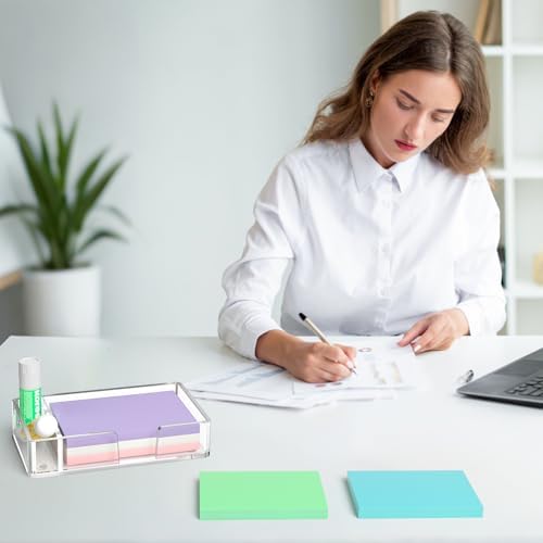 Sticky Note Holder with Pen Slot, Crystal Clear Acrylic Notepad Holder 4x6 in Self-Stick Note Dispenser Office Desk Accessories, Memo Pad Holder Organizer for Classroom School Supplies