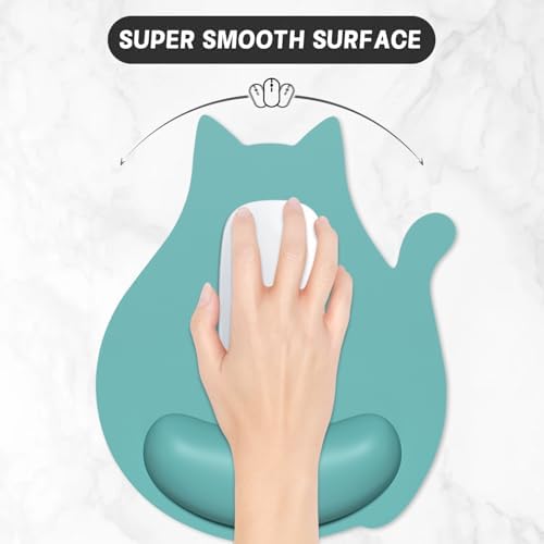 Ergonomic Mouse Pad with Wrist Rest, Cute Cat Memory Foam Padded Pain Relief Non-Slip Wrist Support Mouse Mat for Gaming Work Computer Laptop, Funny Office Supplies Desk Accessory, Green