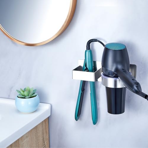 Hair Dryer Holder Wall Mounted, Hair Straightener Holder, Blow Dryer Holder Adhesive, Hair Tool Organizer for Flat Iron, Hairdryer, Curling Iron Holder for Bathroom Vanity Barber Shop (Silver)