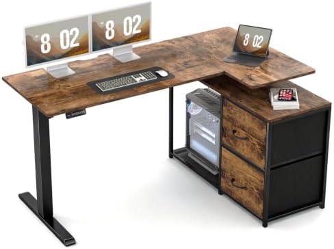 55″ Electric Standing Desk with Drawers, L-Shaped Vintage Brown Adjustable Height Corner Gaming Computer Desk for Home Office, Memory Preset, Stable Steel Frame, Power Outlet & USB-C Port