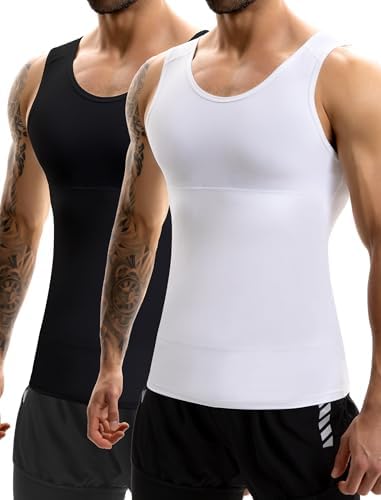 MISS MOLY 2 Pack Compression Shirt Mens Shapewear Tummy Control Posture Corrector Undershirt Tank Sleeveless Top Shaper