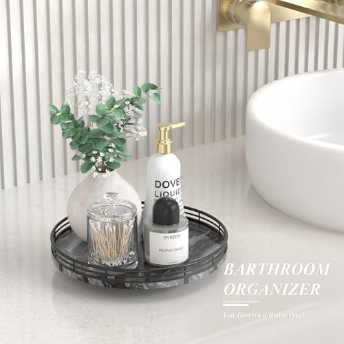 AMH 10-Inch Ancient Wood-Grain Marble Lazy Susan with Black Iron Frame