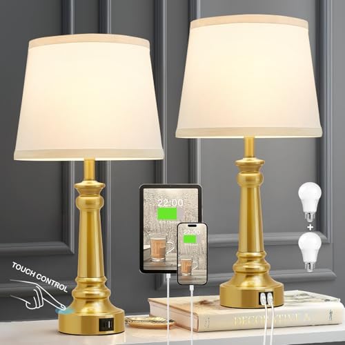 EJIAXIN Touch Lamps for Nightstand Set of 2 - Gold Table Lamp for Bedroom Dimmable Bedside Lamps with USB C+A Ports - Lamps for Night Stands Living Room End Table,2 LED Bulbs Included