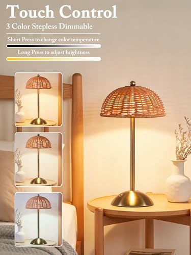 2 Pack Cordless Table Lamp,Rattan Boho Desk Lamps,Small Wicker Night Light