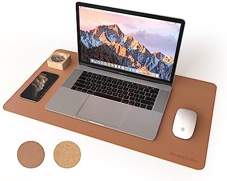 RENMTURE Dual-Sided Mouse Pad, Natural Cork & PU Leather Large Desk Pad for Office and Home Work, Desk Protector Non-Slip, Waterproof, Easy Clean (Brown, 23.6" x 13.7")
