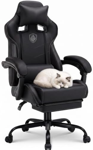 GTPLAYER Gaming Chair with Footrest, High Back Computer Chairs for Adults with Linkage Armrest Lumbar Support Heavy Duty 350lbs Ergonomic Swivel PC Game Chair for Office, Black
