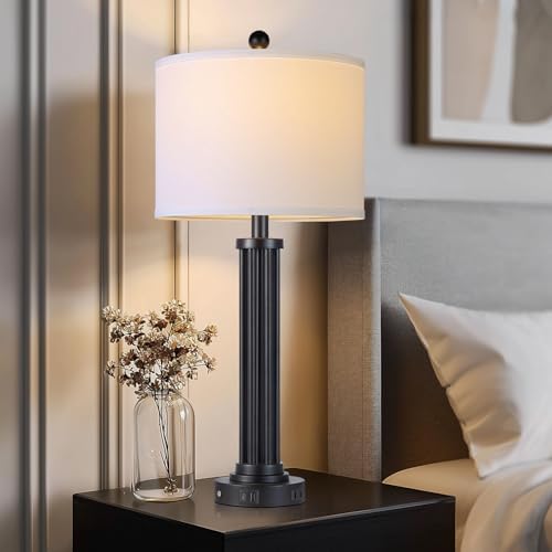 28" Tall Modern Table Lamps Set of 2 with USB C+A Ports and AC Outlet, 3 Way Touch Metal Bedside Lamps for Bedroom, Black Nightstand Lamps for Living Room