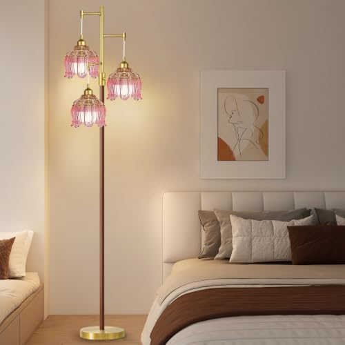 Vintage Floor Lamps for Living Room 3 Light Glass Floor Lamp with Pink Glass Lampshape, Dimmable Flower Floor Lamp Gold Mid Century Modern Standing Lamp Tall Tree Wood Floor Lamp for Bedroom Corner