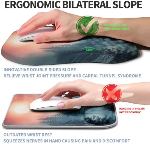 Ergonomic Raised Mouse Pad Wrist Support with Bilateral Slope Memory Foam Mousepad for Wrist Rest and Carpal Tunnel Pain Relief 11.8x7.9〃Misty Forest Twilight