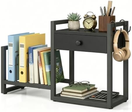MAHANCRIS Desktop Shelf Organizer, 2-Tier Wooden Desk Bookshelf, Small Tabletop Book Shelf with Draw and Hooks, Countertop Storage Rack for Home, Office, Dorm, Black POBK2201