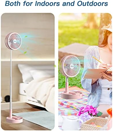AICase Stand Fan,Folding Portable Telescopic Floor/USB Desk Fan with 7200mAh Rechargeable Battery,4 Speeds Super Quiet Adjustable Height and Head Great for Office Home Outdoor Camping-pink
