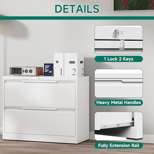 2 Drawer File Cabinet with Lock,Lateral File Cabinet,35.4" W Metal File Cabinets for Home Office,Hanging Files Letter/Legal/F4/A4 Size (White - Assembly Required)