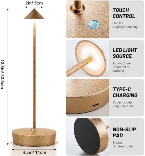 2Pack Rechargeable Cordless Table Lamp, Portable Powered LED Battery 6000mAh Metal USB Desk Lamp, 3 Levels Brightness Light for Restaurants Outdoor (2pack LCE Flower Gold)