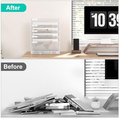 EasyPAG 5 Tier Wall File Holder, Mesh Hanging Folder Organizer with Classify Label, Versatile Desk File Holder, Vertical Wall Mounted Mail Organizer for Office Home Cubicle, White