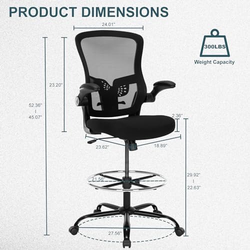 Ergonomic Drafting Chair – Tall Office Chair for Standing Desk, Adjustable Height Mesh Chair with Footrest and Flip-Up Arms, Counter Stool, Black