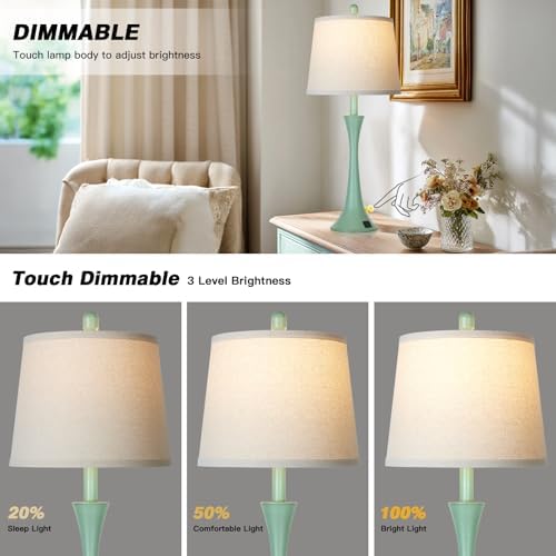 Rinweey Coastal Modern Green Table Lamps Set of 2 for Living Room, 27.5" Tall Bedside Lamp with USB Charging Port,3-Way Dimmable Touch Nightstand Lamp for Bedroom Desk Side Table Office,Green