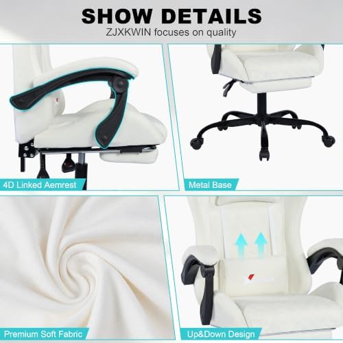 Fabric Gaming Chair for Adults, Ergonomic Computer Office Desk Chair with Footrest,Pocket Spring Cushion, Reclining High Back Silla Gamer for Home Office, White