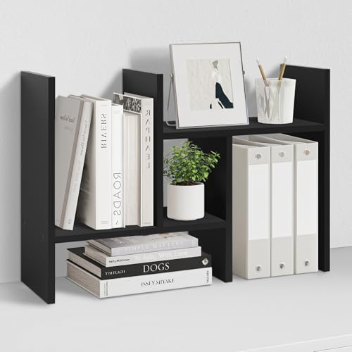 MASAKA B&W - Desk Organizer Aesthetic Shelf, Desktop Bookshelf, Double H Plants Display Shelf, Storage Rack Adjustable Stackable for Office Home Dorm - Perfect for Books, Plants & Decor (Black)