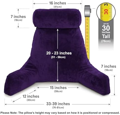 Husband Pillow XXL The Original for Adults - 30" Tall Backrest for Sitting Up in Bed - Firm Support Reading & Bed Rest Pillows for Adults, Neck Roll, Removable Cover - TV - Purple