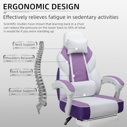 Gaming Chair Ergonomic Computer Gaming Chairs with Footrest, Massage Lumbar Support, Height Adjustment, and 360° Swivel Seat (Purple)