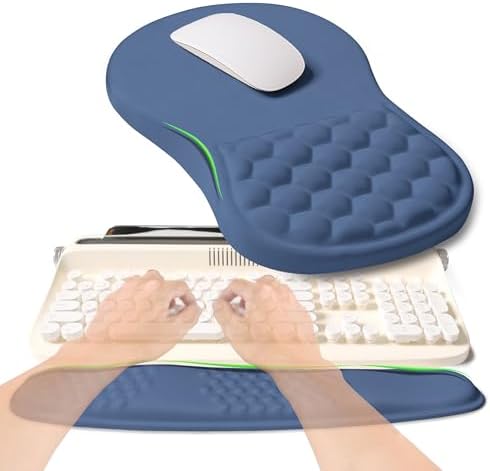 2-in-1 Ergonomic Set, Wave Rise Keyboard Wrist Rest and Massage Bulge Slope Mouse Pad Wrist Support, Cushion Memory Foam Integrated to Relieve Wrist Pain, Dark Blue