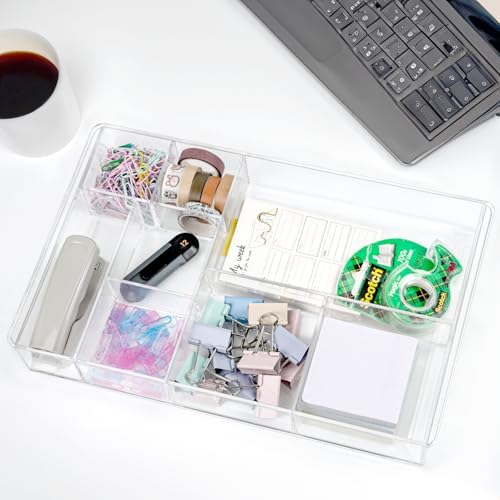 ZEXALOR 8-Section Clear Drawer Organizer, Large Acrylic Drawer Divider Tray for Desk,Bathroom,Office Makeup,Junk, Plastic Drawers Organizer 13.7" x 8.7" x 2" (8-Section)