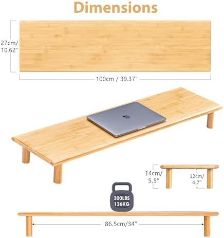 Bamboo Dual Monitor Stand Riser, Natural Desktop Shelf with Storage