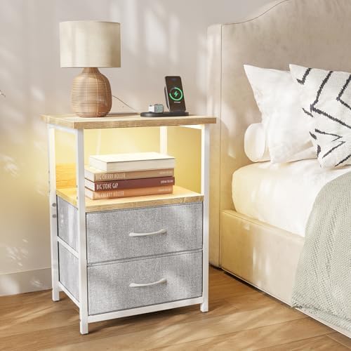 Fixwal Night Stand with Charging Station, Led Nightstand, 2 Fabric Drawers