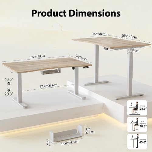 TIQLAB 55x30 Extra Deep Standing Desk with Cable Management, Maple