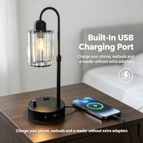 Black Crystal Table Lamp, Adjustable Height Stepless Dimmable Desk Lamp with USB Charging Port & AC Power Outlet, Metal Base Bedside Lamp for Bedroom Office Living Room