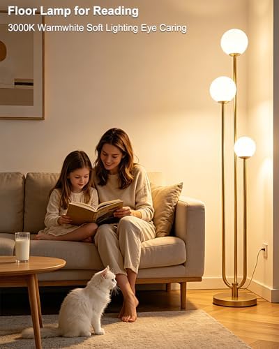 63IN 3-Light Dimmable Floor Lamp, Unique Gold Tall Standing Lamps with 3000K G9 Bulbs for Reading, Mid Century Modern Floor Lamp with 5Lbs Heavy Base for Living Room Bedroom Home Office