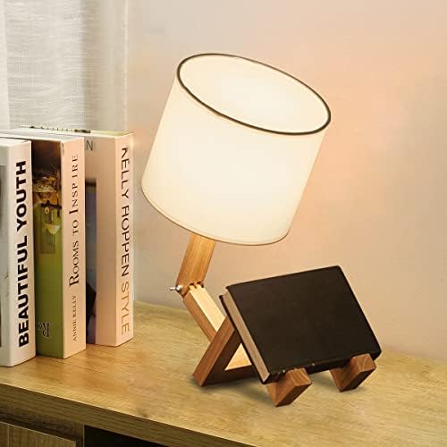 Robot Desk Lamp Set of 2, Creative Bedside Lamp for Bedroom,Wooden Lamp Body Adjustable,DIY E26 Living Room Table Lamps with Fabric Shade,Modern Indoor Decorative Lighting, TB-QBT005-WHM2