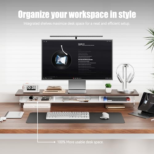 FENSULN Dual‑Tier Monitor Stand for Modern Desk Setup – Minimalist Wooden and Metal Riser Shelf with Transparent Acrylic Feet for Dual Monitors, Laptops, Home Office Aesthetic，Brown and White