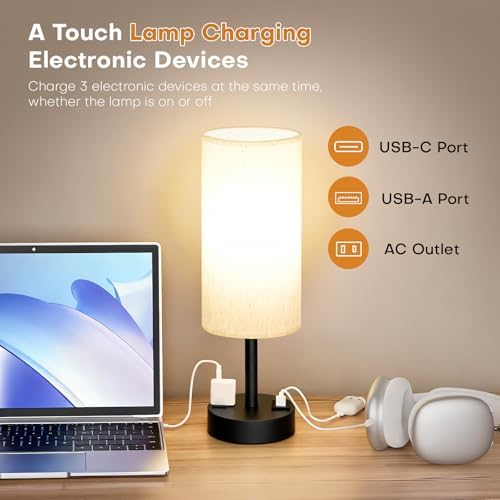 MOICO Bedside Lamp with USB Ports and AC Outlet, Touch Table Lamp for Bed