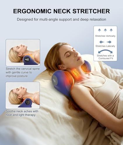Neck Massager with Heat, Red Light & Vibration Adjustable, Heated Neck Stretcher with 3 Modes, Rechargeable Cervical Traction Device for Pain Relief & Muscle Relaxation, Gift for Women Men