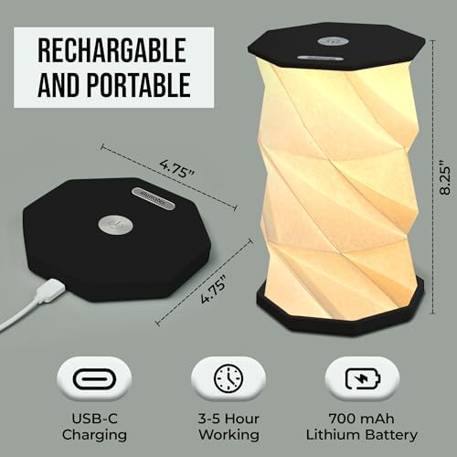 Origami Expanding Foldable LED Desk Lamp – USB Rechargeable & Portable - Dimmable Touch Control Light with Adjustable Height up to 8.25" for Office, Travel, Bedside - Sleek & Modern Design (Black)