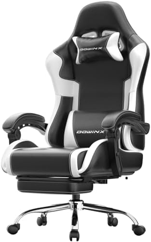 Dowinx Gaming Chair with Footrest, 330lbs Computer Chair 2D Lift Linkage Armrest, Massage Lumbar, Height Adjustable Ergonomic Comfy Video Game Chairs for Home Office Streaming, Long Gaming, White