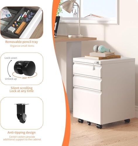Guizeeopo 3 Drawer File Cabinet with Lock, File Cabinets for Home Office,Under Desk Cabinet, Locking File Cabinet for A4/Letter/Legal, Fully Assembled Expect Casters, Matte White