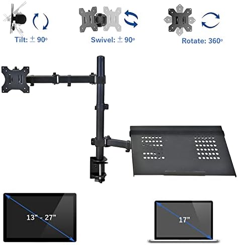 AEONS Monitor and Laptop Desk Mount Combo Stand with Notebook Tray fits 17 inch, 2-in-1 Adjustable Dual Arm Mount fits up to 32 inch LCD Screen with VESA, Clamp and Cable Management, Black