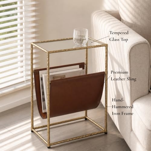 Narrow Side Table with Leather Storage Holder Gold End Table