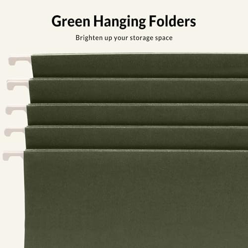 SUNEE Hanging File Folders, 100 Pack Reinforced Hang Folders Letter Size, Adjustable 1/5-Cut Tabs, Designed for Bulky Files, Filing Cabinet, Standard Green