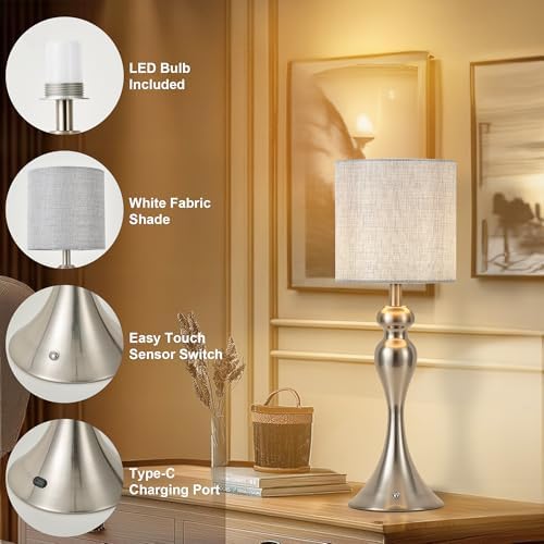 Cordless Table Lamp Rechargeable, Battery Fabric Bedside Touch Light Nickel