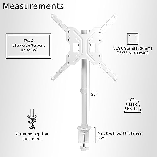 VIVO Ultra Wide TV Desk Mount for up to 55 inch Screens Weighing 66 lbs, Full Motion Height Adjustable Single Television Stand, White, STAND-V155CW