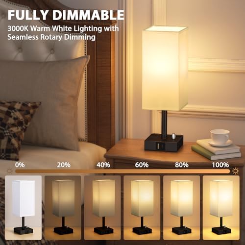 White Bedside Table Lamps Set of 2 - Dimmable, USB C+A, 2 AC Outlets