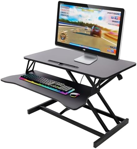 Standing Desk Converter, 32" Wide Height Adjustable Sit Stand Up Desk Riser with Keyboard Tray, Desktop Workstation Riser for Home Office Computer Laptop, Particle Board (Black)