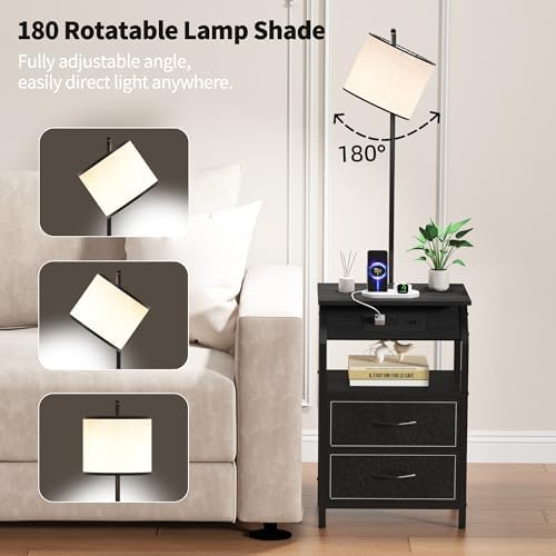 End Table with Floor Lamp, Nightstand with Charging Station, Floor Lamp Table with 3-Color Temperature Bulb, Bedside Table Night Stand with 2 Drawers for Bedroom, Living Room, Black