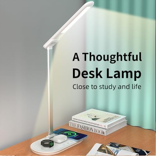 IHAO 3in1 Wireless Charging Eye-Care Desk Lamp 15W Fast Charging Station for Phone, Smartwatch & Earbuds, Touch Control Dimmable LED Light Adjustable Gooseneck, Modern Office Table Lamp-HYT2096 White