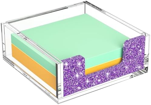 Acrylic Notepad Dispenser Organizer - 3 x 3 in Clear and Glitter Purple Sticky Note Holder W/O Pads Memo Holder for Dorm Room School Classroom Office Desk Organizer Aesthetic Supplies