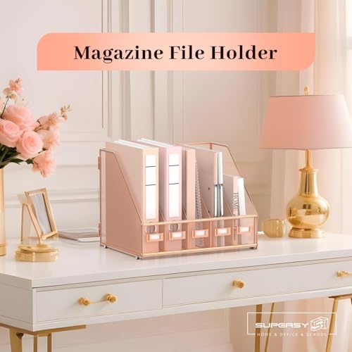 SUPEASY Desk Organizers Metal Desk Magazine File Holder with 5 Vertical Compartments Rack File Organizer for Office Desktop, Home Workspace, Rose Gold, Plus